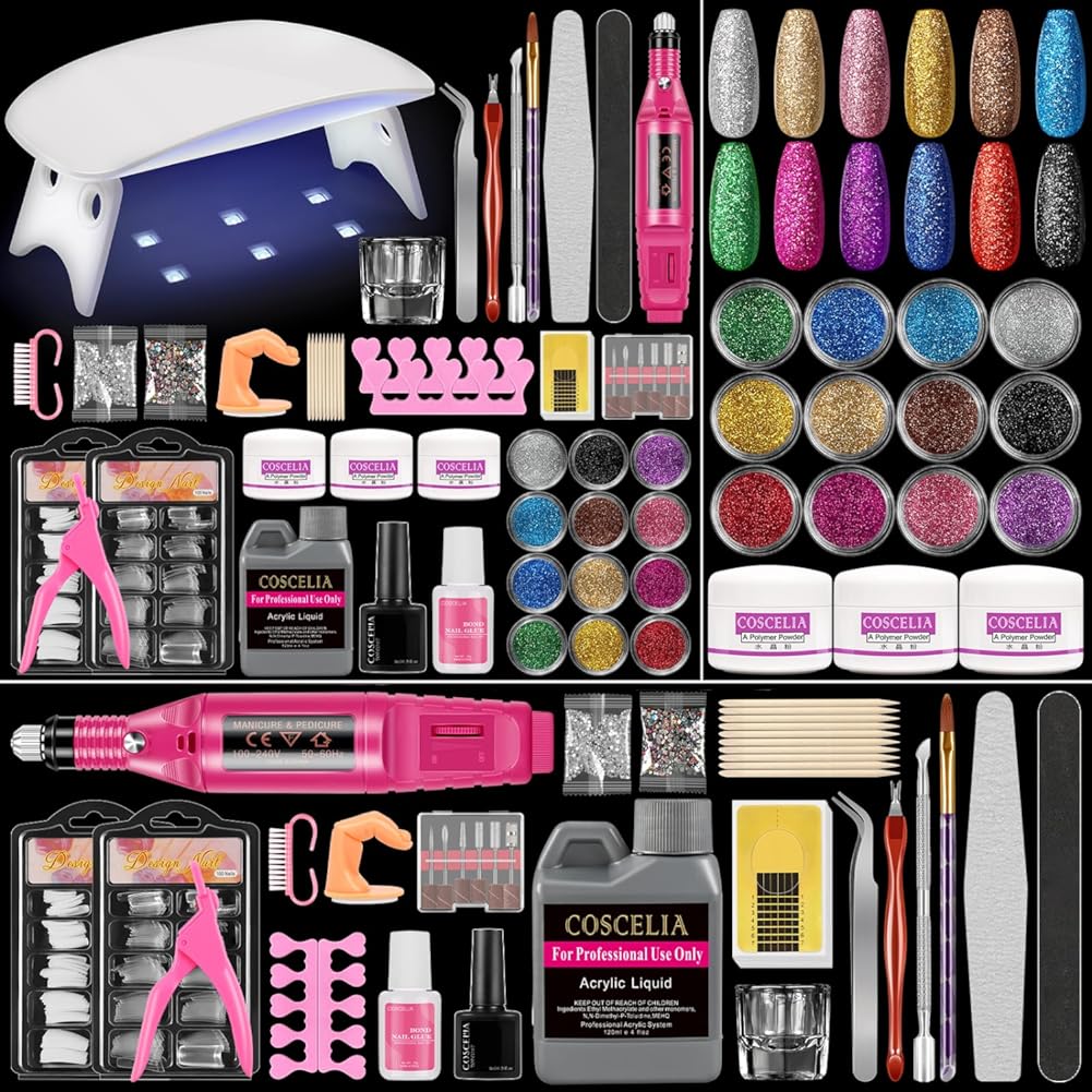 Acrylic Nail Kit for Beginners with Everything Acrylic Nail Set with Drill and U V Light Professional Nails Kit Acrylic Set with Everything for Beginners Acrylic Powder Glitter Decoration Powder Nail Art Starter Kit Gift for Women