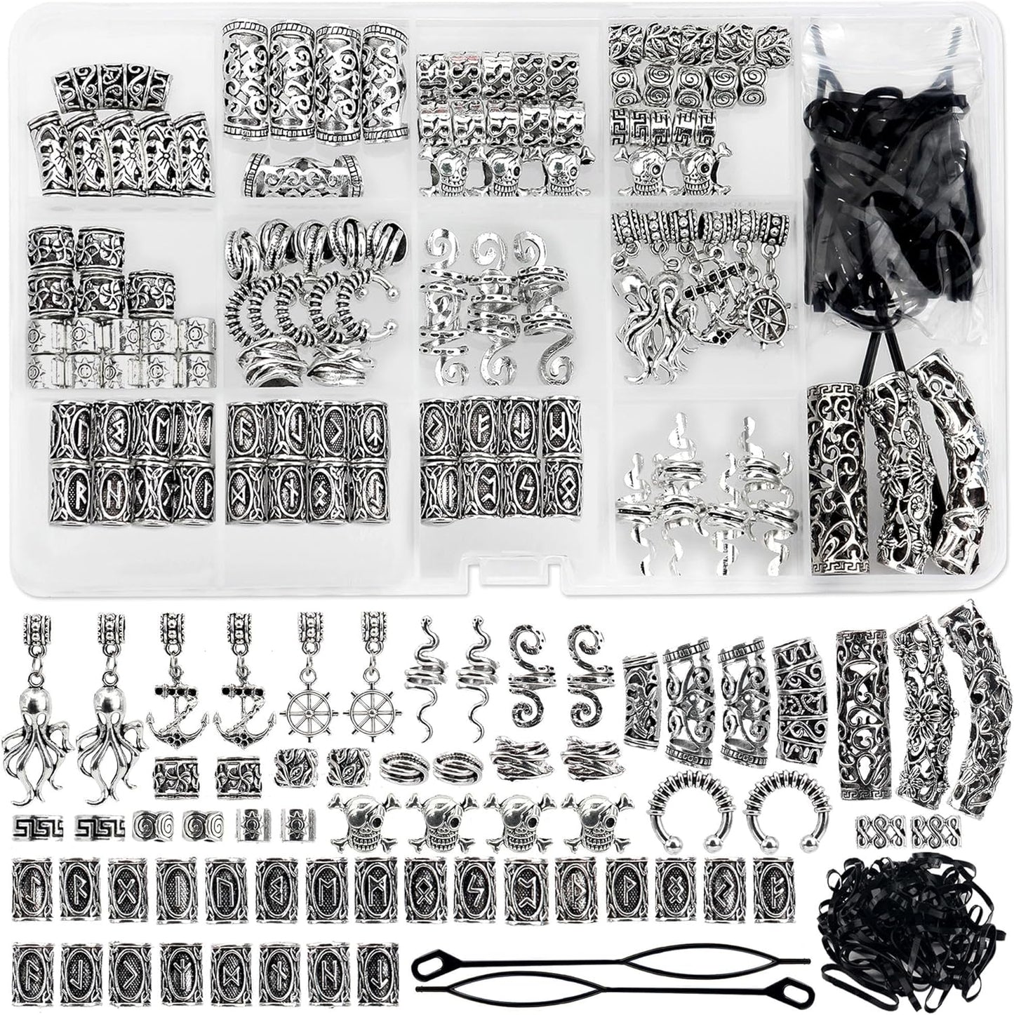 WNJ Viking Hair Jewelry, 165 PCS Beard Beads, Nordic Rune Tube Beads, Hair Tube Braided Dreadlocks Viking Jewelry, DIY Braid Hair Charms Hair Braid Bracelet Pendant Necklace, Metal Clips Cuffs Rings