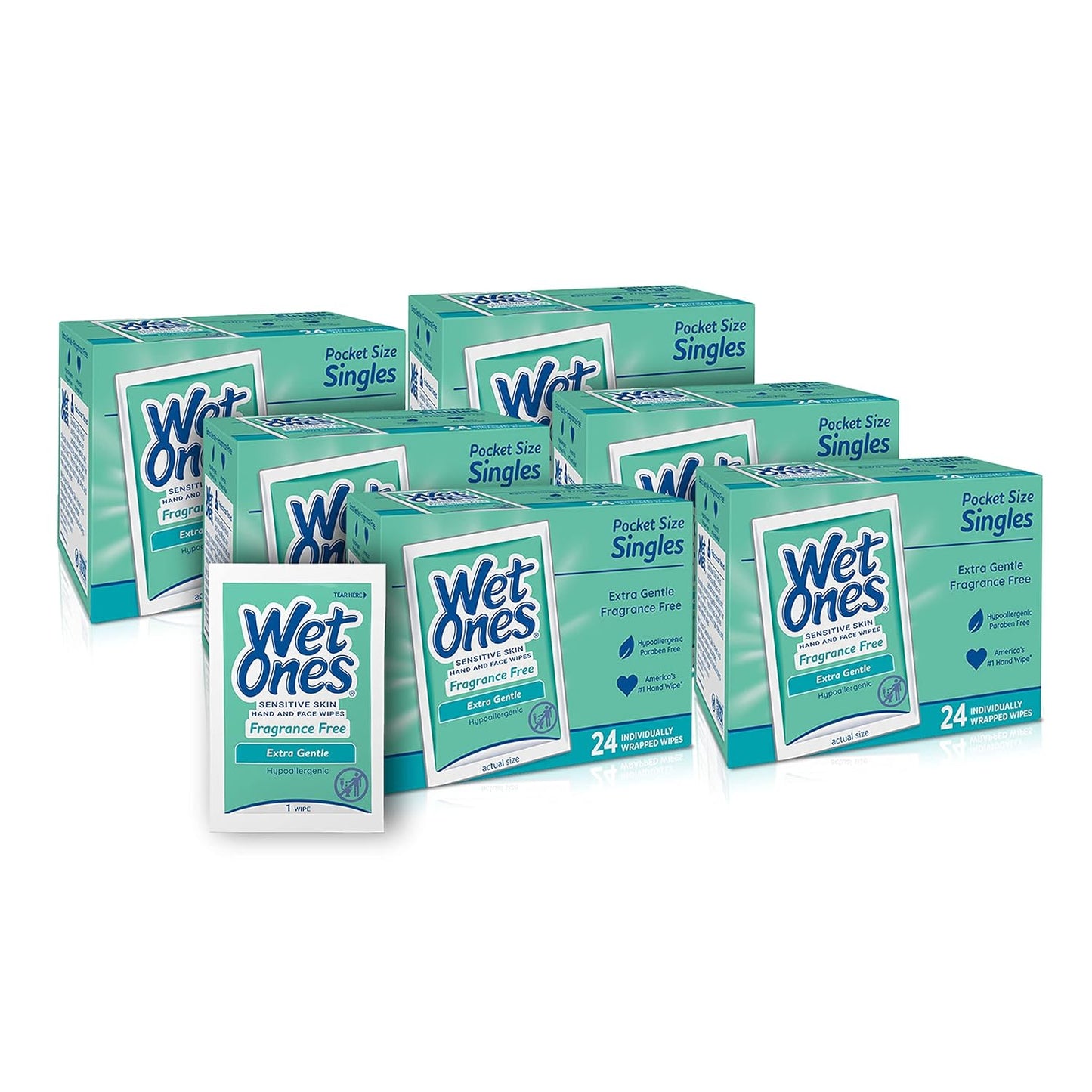 Wet Ones Unscented Face and Hand Wipes, Individually Wrapped - 24 Count (Pack of 6)
