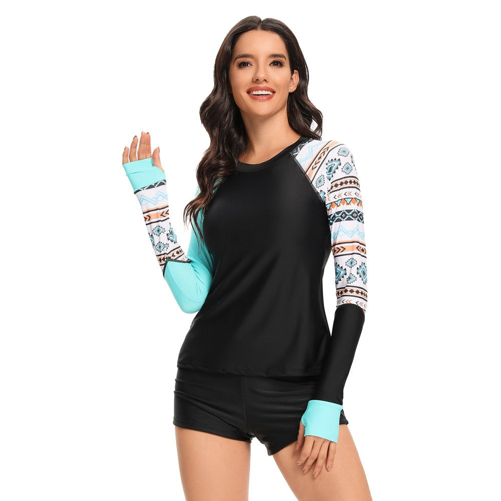 Women Rash Guard Long Sleeve Swimsuits UV UPF 50+ Swim Shirt Two Piece Tankini Set Bathing Suit -L US(12-14)