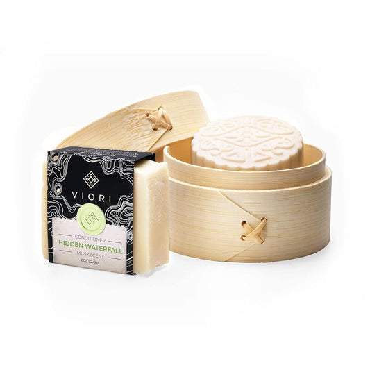 VIORI Hidden Waterfall Shampoo and Conditioner Bar Set and Bamboo Holder - Made with Rice Water for Hair Growth - Handcrafted Sulfate Free Shampoo and Conditioner