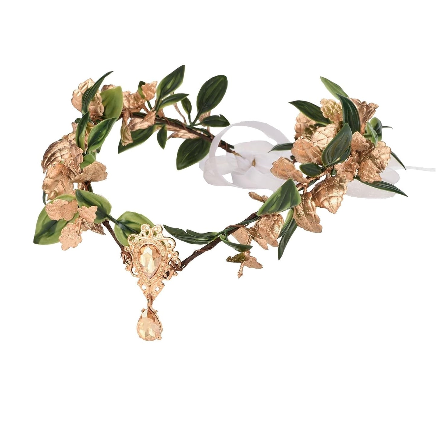 Vividsun Handmade Woodland Fairy Flower Crown Renaissance Elf Flower Headband for Women Girls Wedding Cosplay Costume Floral Headband (Green gold crown)