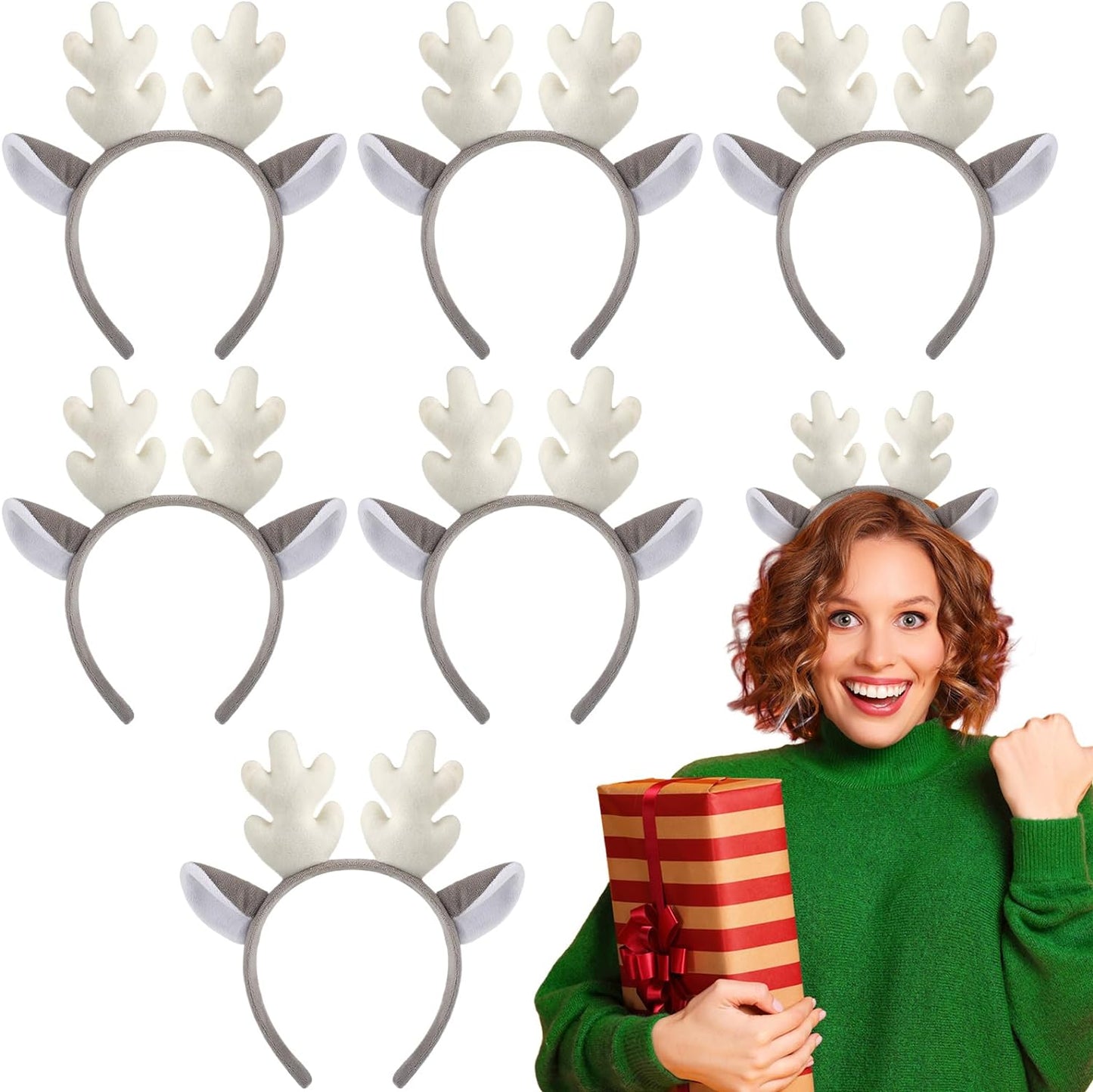 XunYee 6 Pieces Christmas Reindeer Antlers Headband Elf Hat Headband Deer Headband with Ears for Girls Women Children Xmas Birthday Costume Party Gift