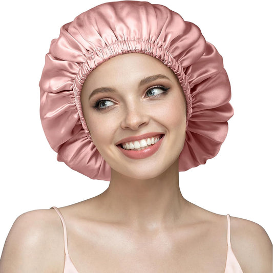 YFONG 22 Momme 100% Mulberry Silk Sleep Cap for Women, Double Layer Silk Night Bonnet for Sleeping Curly Hair, Adjustable Silk Hair Wrap with Elastic Stay On Head (1Pc, Pink)