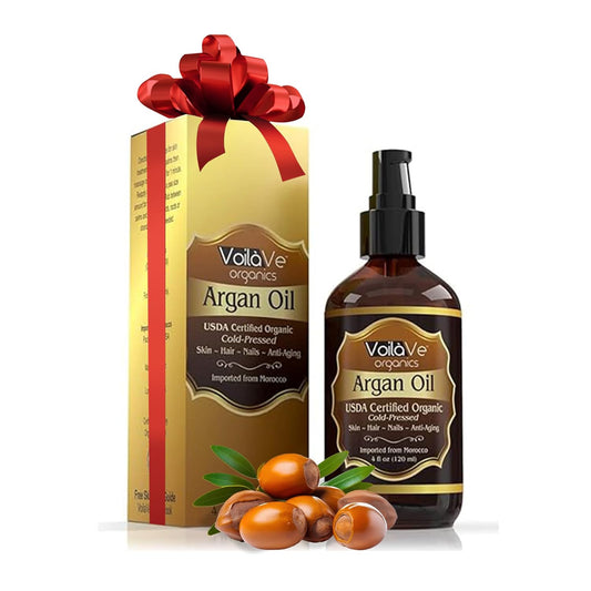 VoilaVe USDA and ECOCERT Pure Organic Moroccan Argan Oil for Skin, Nails & Hair Growth, Anti-Aging Face Moisturizer, Cold Pressed, Hair Moisturizer, Rich in Vitamin E, As Seen On TV - 4 fl oz