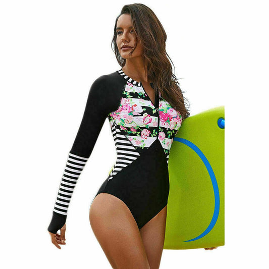Women 1-Piece Long Sleeve Rash Guard UV UPF 50+ Sun Protection Zipper Swimsuit Swimwear Swimming Surfing Diving Suit