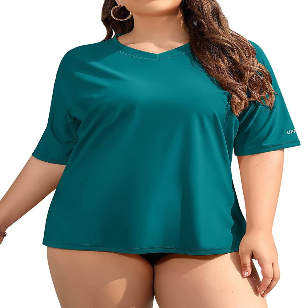 Women'S plus Size Rash Guard Short Sleeve Swim Shirt UPF 50+ Swimsuit Tops